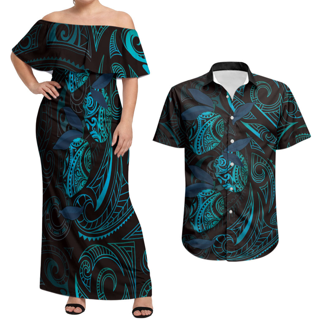 Hawaiian Mango Tribal Tattoo Couples Matching Off Shoulder Maxi Dress and Hawaiian Shirt Teal Pacific Traditional Pattern