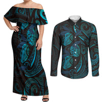 Hawaiian Mango Tribal Tattoo Couples Matching Off Shoulder Maxi Dress and Long Sleeve Button Shirt Teal Pacific Traditional Pattern