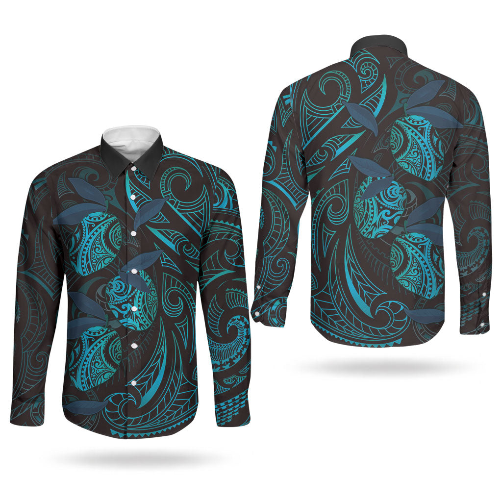 Hawaiian Mango Tribal Tattoo Couples Matching Off Shoulder Maxi Dress and Long Sleeve Button Shirt Teal Pacific Traditional Pattern