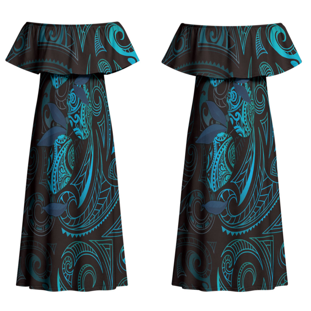 Hawaiian Mango Tribal Tattoo Couples Matching Off Shoulder Maxi Dress and Long Sleeve Button Shirt Teal Pacific Traditional Pattern