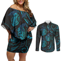 Hawaiian Mango Tribal Tattoo Couples Matching Off Shoulder Short Dress and Long Sleeve Button Shirt Teal Pacific Traditional Pattern