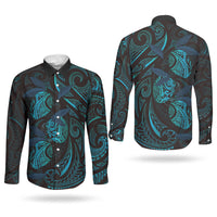 Hawaiian Mango Tribal Tattoo Couples Matching Off Shoulder Short Dress and Long Sleeve Button Shirt Teal Pacific Traditional Pattern
