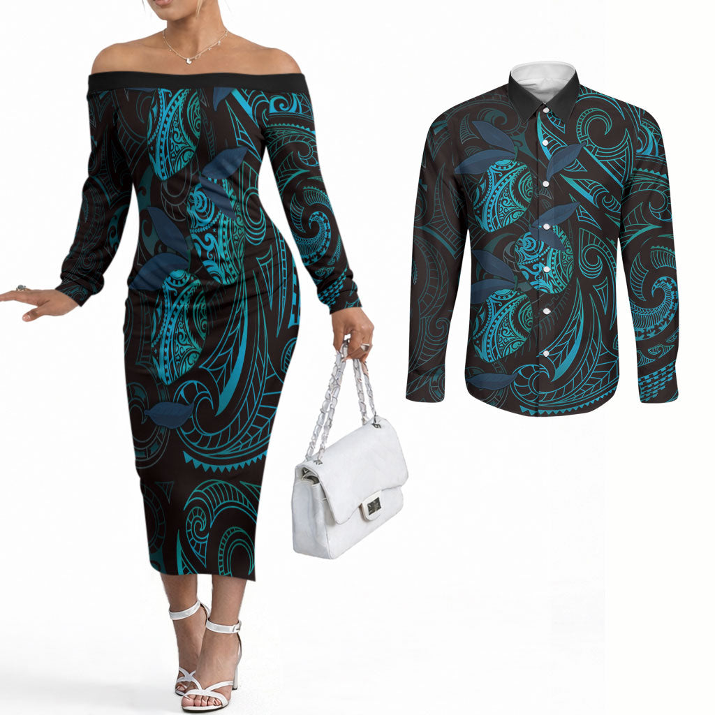 Hawaiian Mango Tribal Tattoo Couples Matching Off The Shoulder Long Sleeve Dress and Long Sleeve Button Shirt Teal Pacific Traditional Pattern