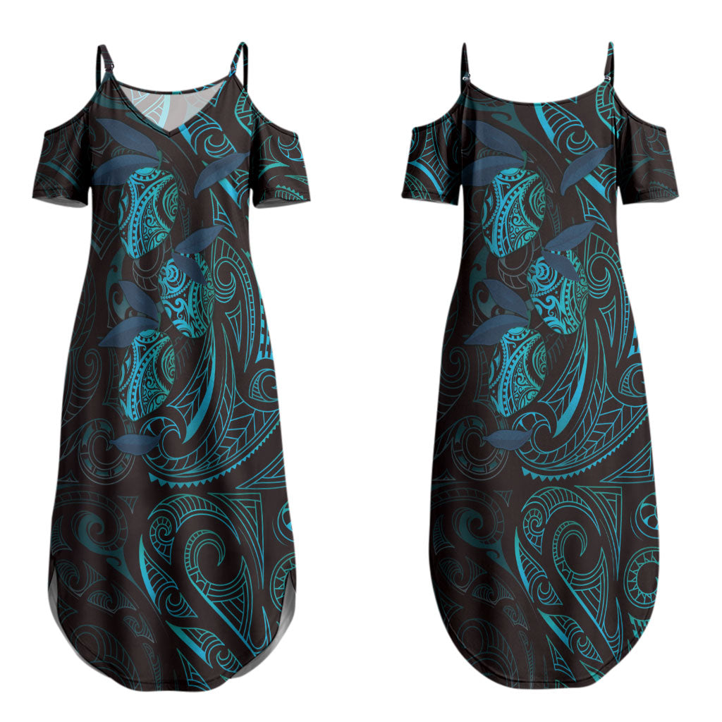 Hawaiian Mango Tribal Tattoo Couples Matching Summer Maxi Dress and Hawaiian Shirt Teal Pacific Traditional Pattern