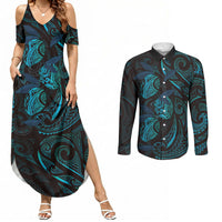 Hawaiian Mango Tribal Tattoo Couples Matching Summer Maxi Dress and Long Sleeve Button Shirt Teal Pacific Traditional Pattern