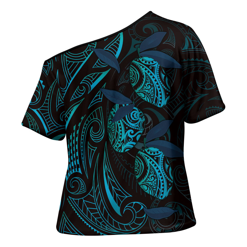 Hawaiian Mango Tribal Tattoo Cross Shoulder Shirt Teal Pacific Traditional Pattern