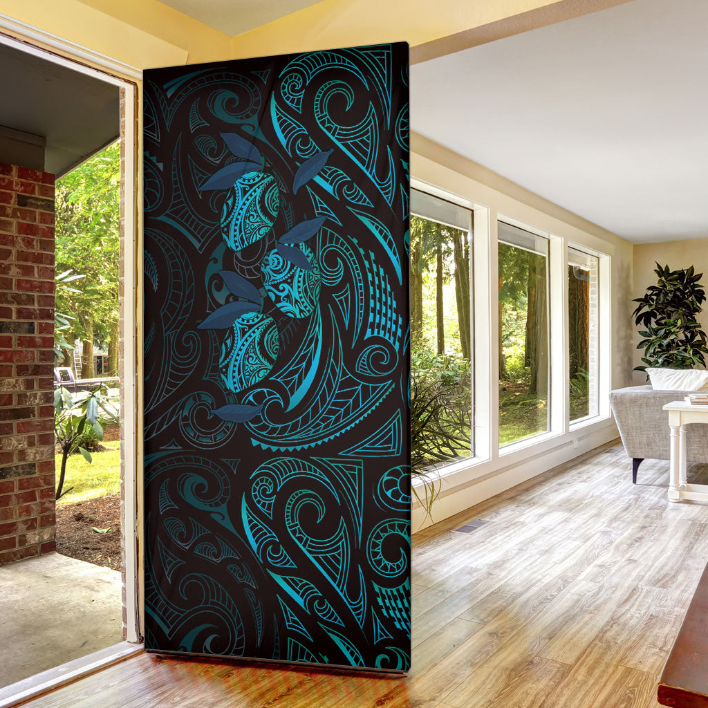 Hawaiian Mango Tribal Tattoo Door Cover Teal Pacific Traditional Pattern