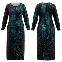 Hawaiian Mango Tribal Tattoo Family Matching Long Sleeve Bodycon Dress and Hawaiian Shirt Teal Pacific Traditional Pattern