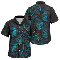 Hawaiian Mango Tribal Tattoo Family Matching Off Shoulder Short Dress and Hawaiian Shirt Teal Pacific Traditional Pattern