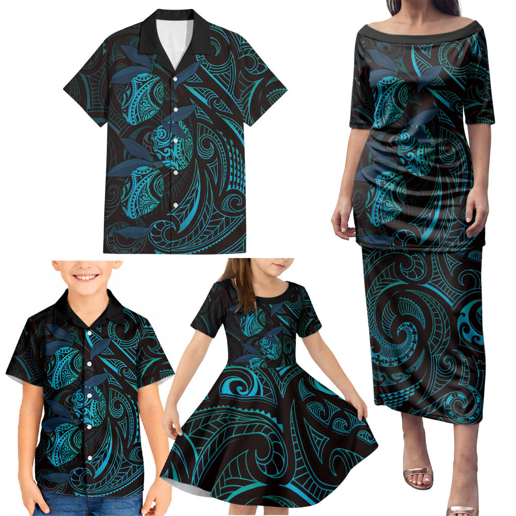 Hawaiian Mango Tribal Tattoo Family Matching Puletasi and Hawaiian Shirt Teal Pacific Traditional Pattern