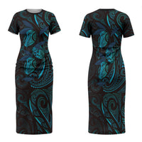 Hawaiian Mango Tribal Tattoo Family Matching Short Sleeve Bodycon Dress and Hawaiian Shirt Teal Pacific Traditional Pattern