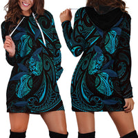 Hawaiian Mango Tribal Tattoo Hoodie Dress Teal Pacific Traditional Pattern