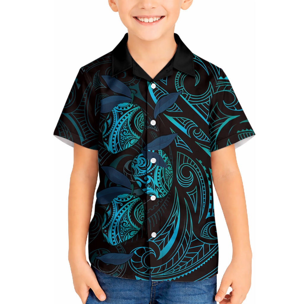 Hawaiian Mango Tribal Tattoo Kid Hawaiian Shirt Teal Pacific Traditional Pattern