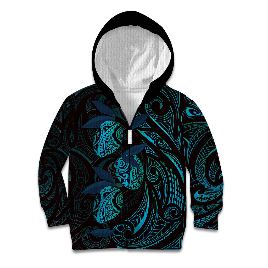Hawaiian Mango Tribal Tattoo Kid Hoodie Teal Pacific Traditional Pattern
