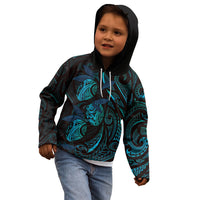 Hawaiian Mango Tribal Tattoo Kid Hoodie Teal Pacific Traditional Pattern