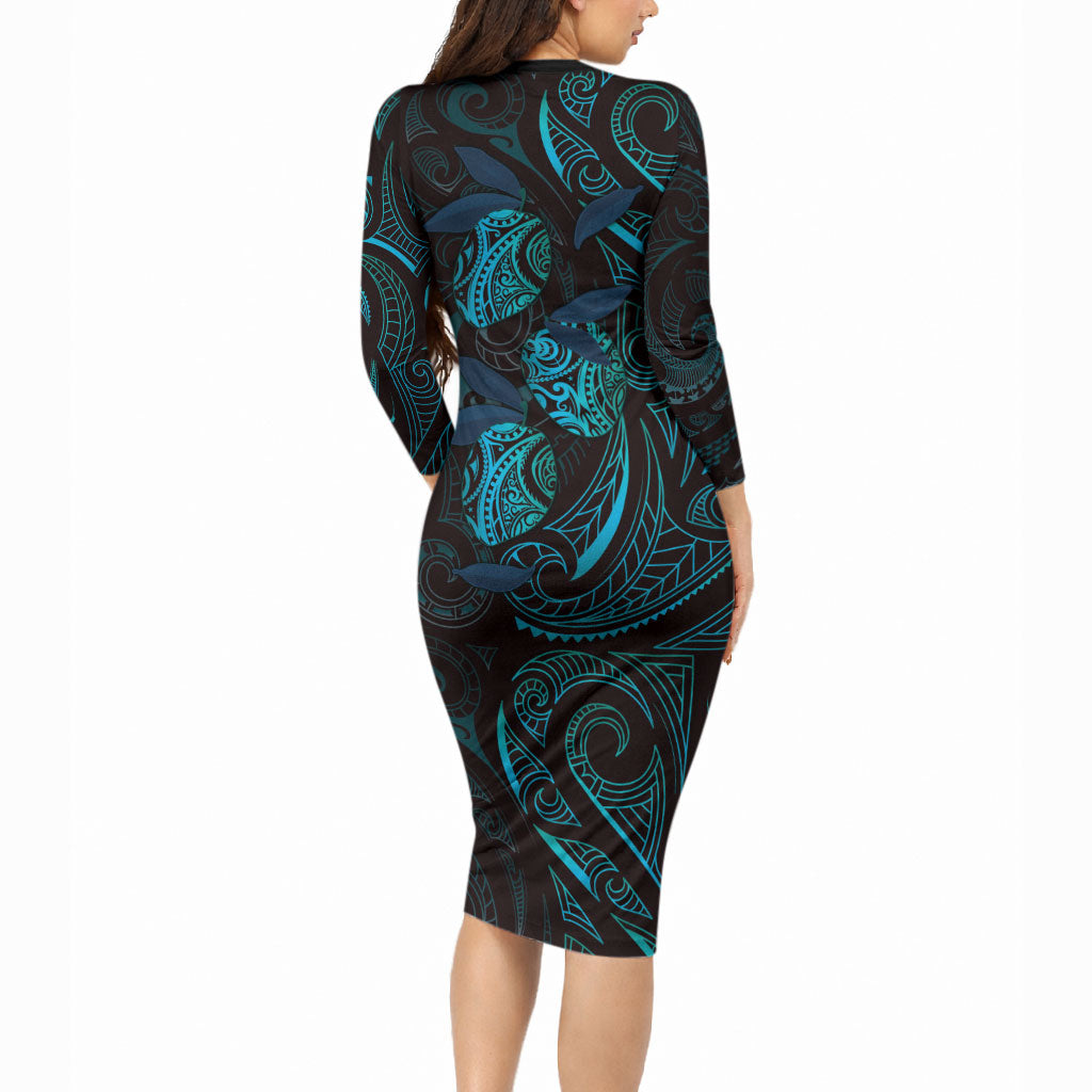 Hawaiian Mango Tribal Tattoo Long Sleeve Bodycon Dress Teal Pacific Traditional Pattern