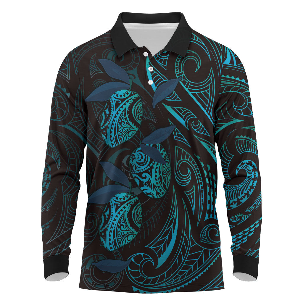 Hawaiian Mango Tribal Tattoo Long Sleeve Polo Shirt Teal Pacific Traditional Pattern