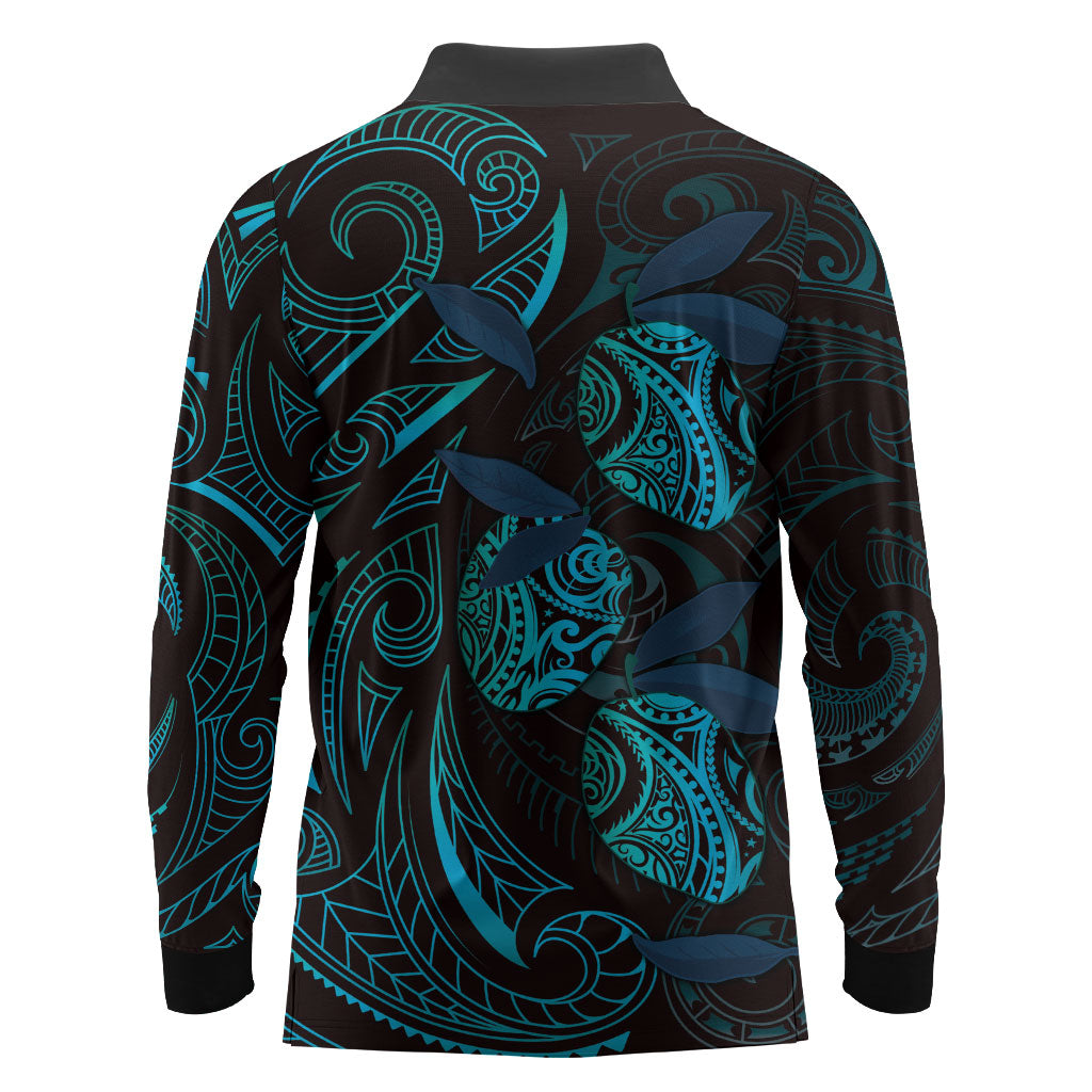 Hawaiian Mango Tribal Tattoo Long Sleeve Polo Shirt Teal Pacific Traditional Pattern