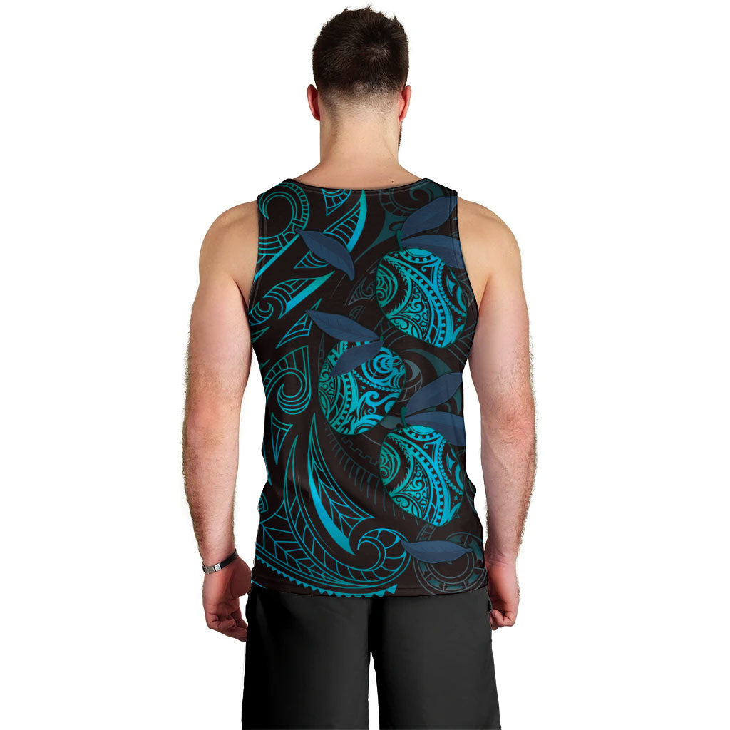 Hawaiian Mango Tribal Tattoo Men Tank Top Teal Pacific Traditional Pattern