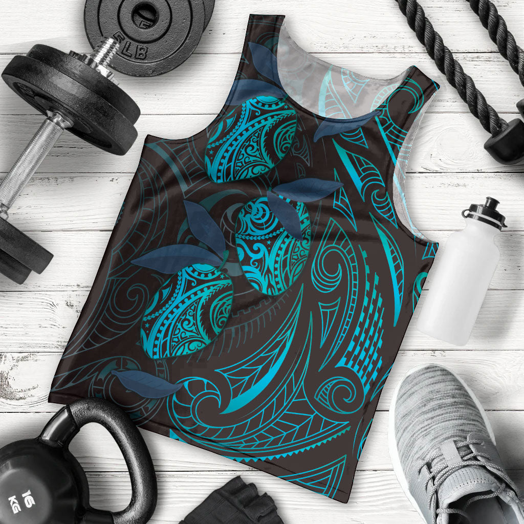 Hawaiian Mango Tribal Tattoo Men Tank Top Teal Pacific Traditional Pattern