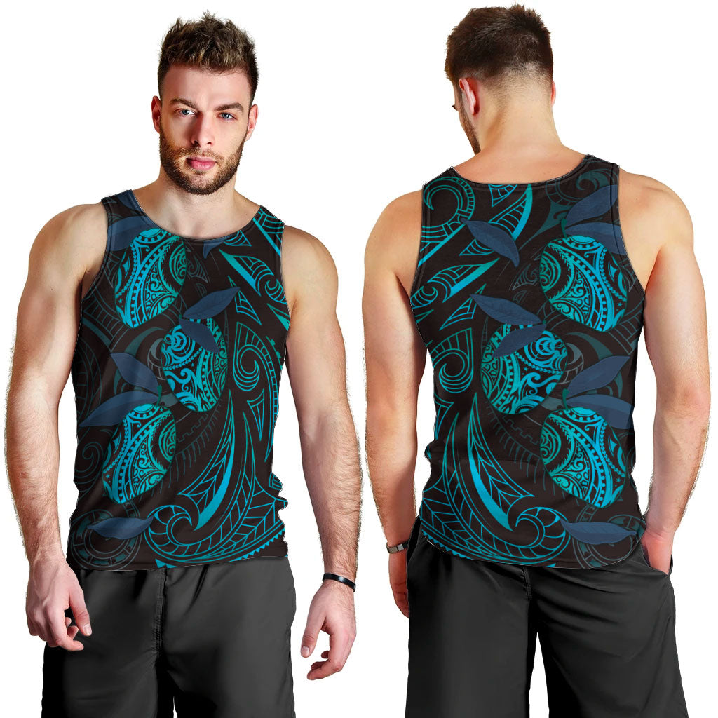 Hawaiian Mango Tribal Tattoo Men Tank Top Teal Pacific Traditional Pattern