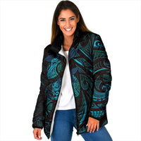 Hawaiian Mango Tribal Tattoo Padded Jacket Teal Pacific Traditional Pattern