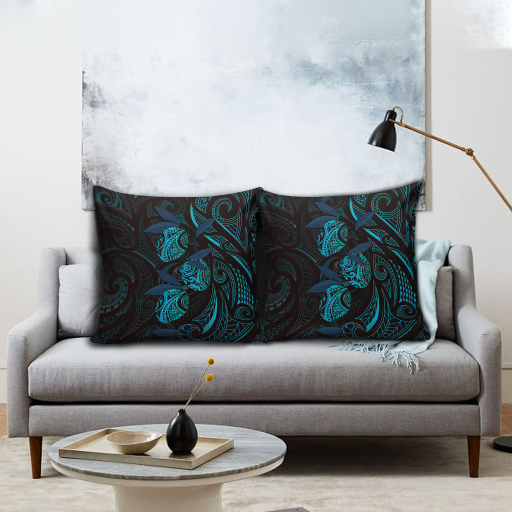 Hawaiian Mango Tribal Tattoo Pillow Cover Teal Pacific Traditional Pattern