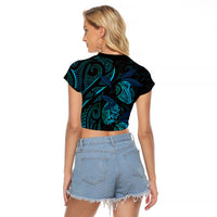 Hawaiian Mango Tribal Tattoo Raglan Cropped T Shirt Teal Pacific Traditional Pattern