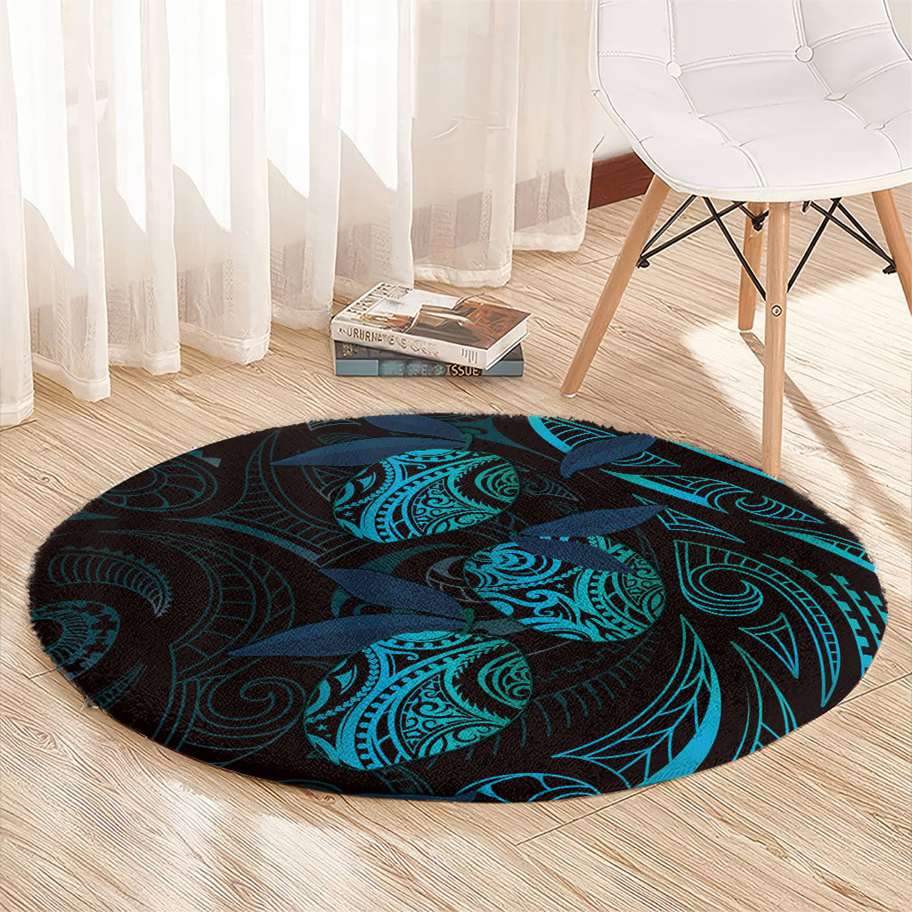 Hawaiian Mango Tribal Tattoo Round Carpet Teal Pacific Traditional Pattern