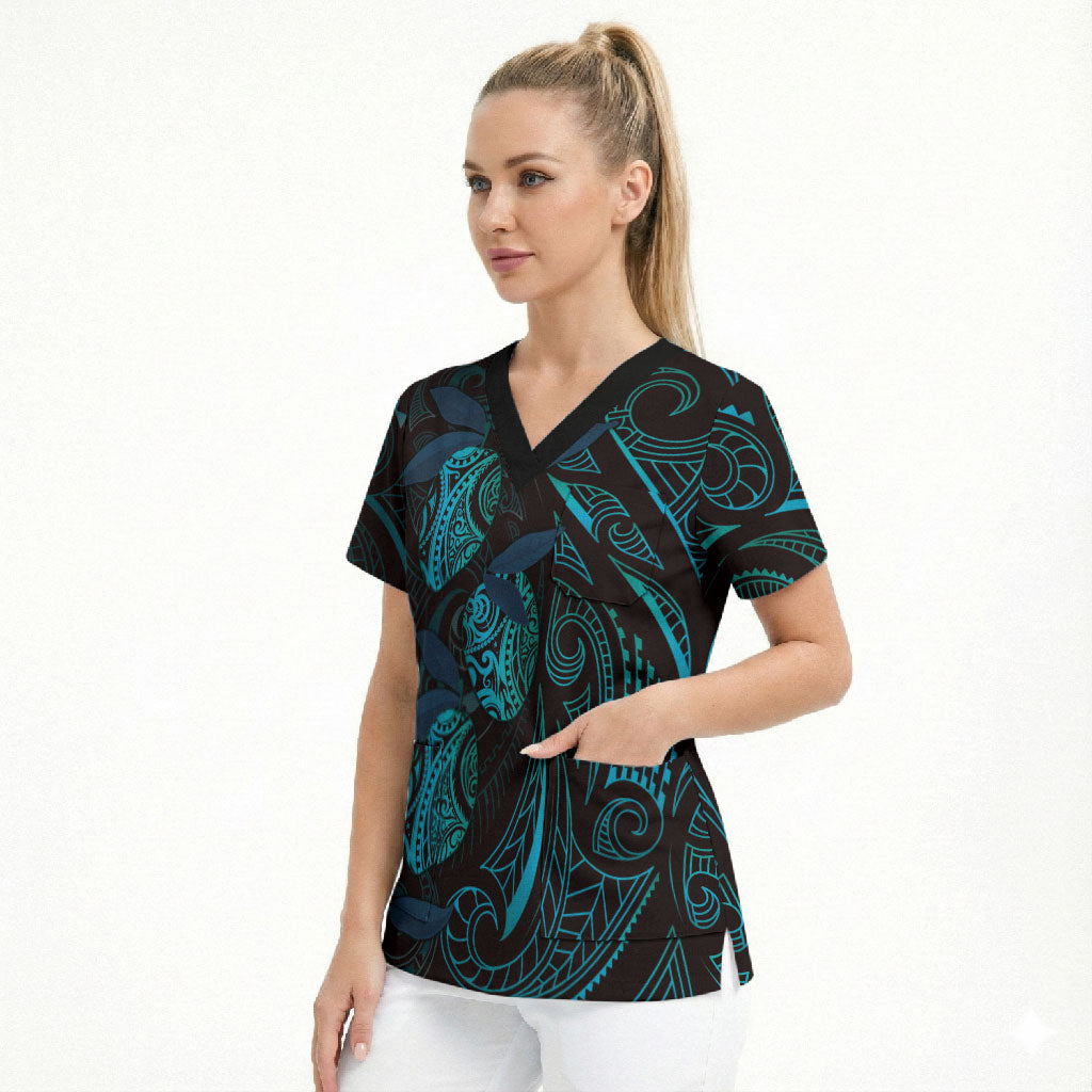 Hawaiian Mango Tribal Tattoo Scrub Top Teal Pacific Traditional Pattern
