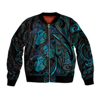 Hawaiian Mango Tribal Tattoo Sleeve Zip Bomber Jacket Teal Pacific Traditional Pattern