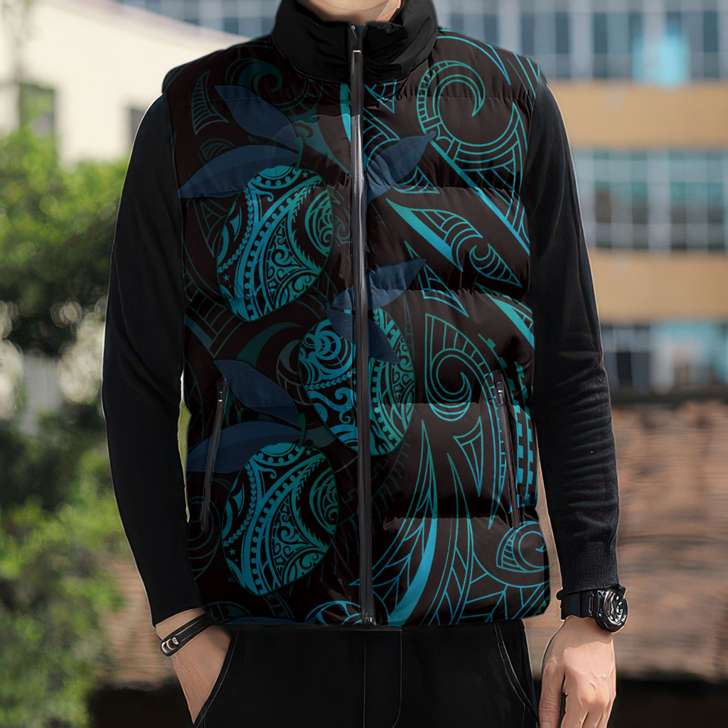 Hawaiian Mango Tribal Tattoo Sleeveless Puffer Jacket Teal Pacific Traditional Pattern