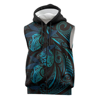 Hawaiian Mango Tribal Tattoo Sleeveless Zip Hoodie Teal Pacific Traditional Pattern