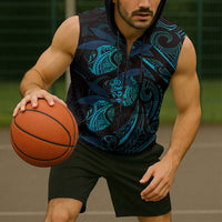 Hawaiian Mango Tribal Tattoo Sleeveless Zip Hoodie Teal Pacific Traditional Pattern