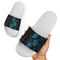 Hawaiian Mango Tribal Tattoo Slide Sandals Teal Pacific Traditional Pattern