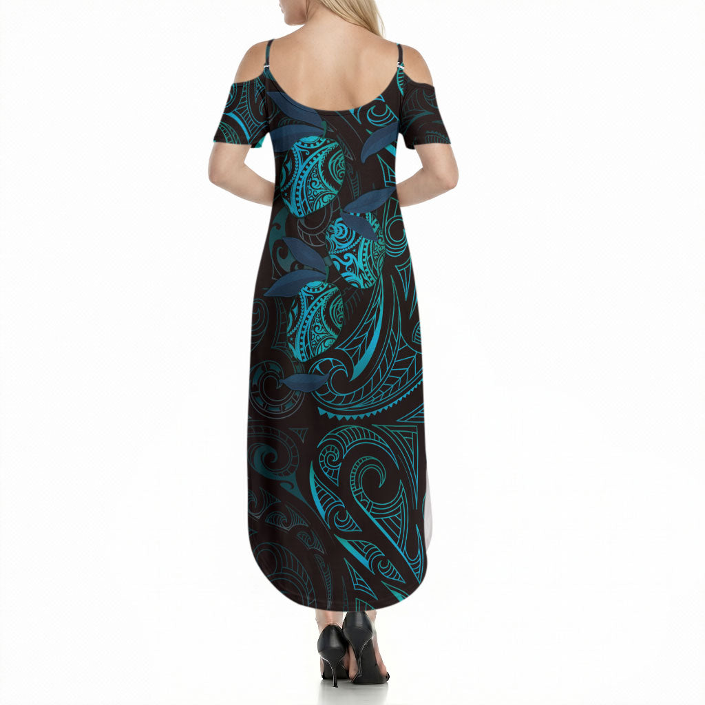 Hawaiian Mango Tribal Tattoo Summer Maxi Dress Teal Pacific Traditional Pattern