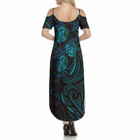 Hawaiian Mango Tribal Tattoo Summer Maxi Dress Teal Pacific Traditional Pattern