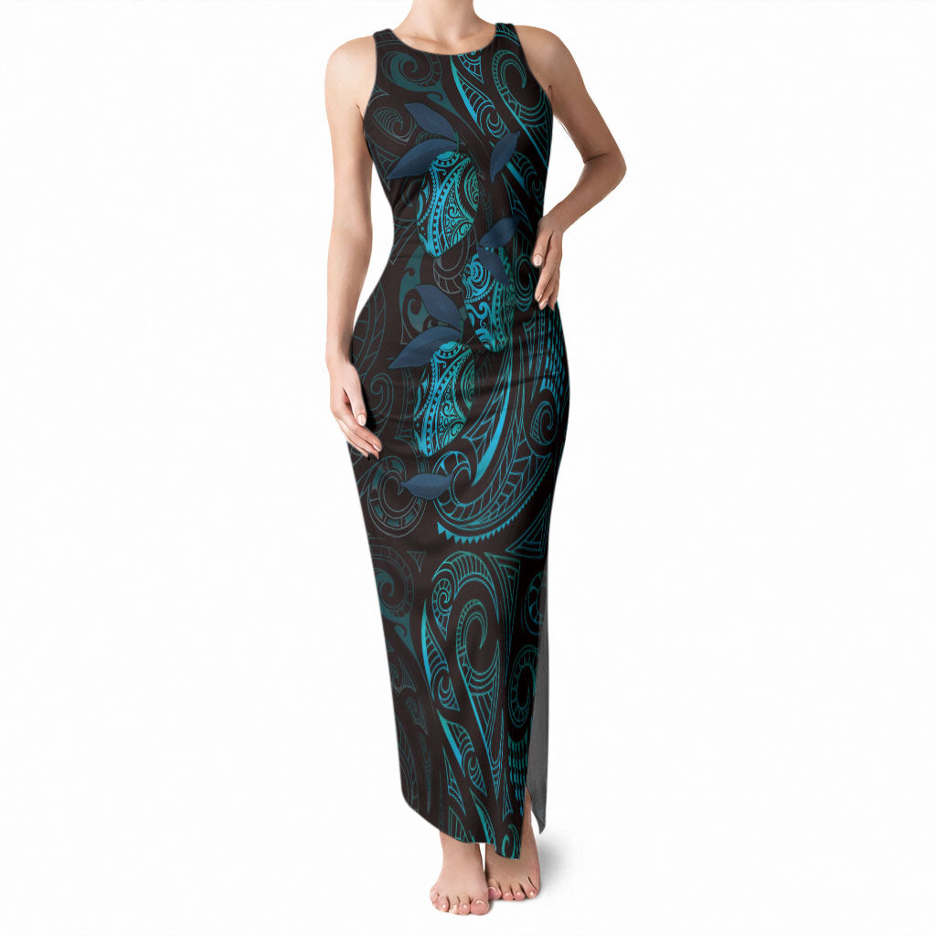 Hawaiian Mango Tribal Tattoo Tank Maxi Dress Teal Pacific Traditional Pattern