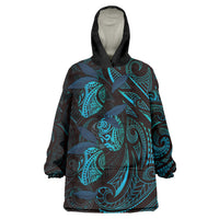 Hawaiian Mango Tribal Tattoo Wearable Blanket Hoodie Teal Pacific Traditional Pattern