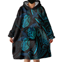 Hawaiian Mango Tribal Tattoo Wearable Blanket Hoodie Teal Pacific Traditional Pattern