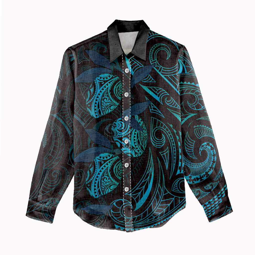 Hawaiian Mango Tribal Tattoo Women Casual Shirt Teal Pacific Traditional Pattern