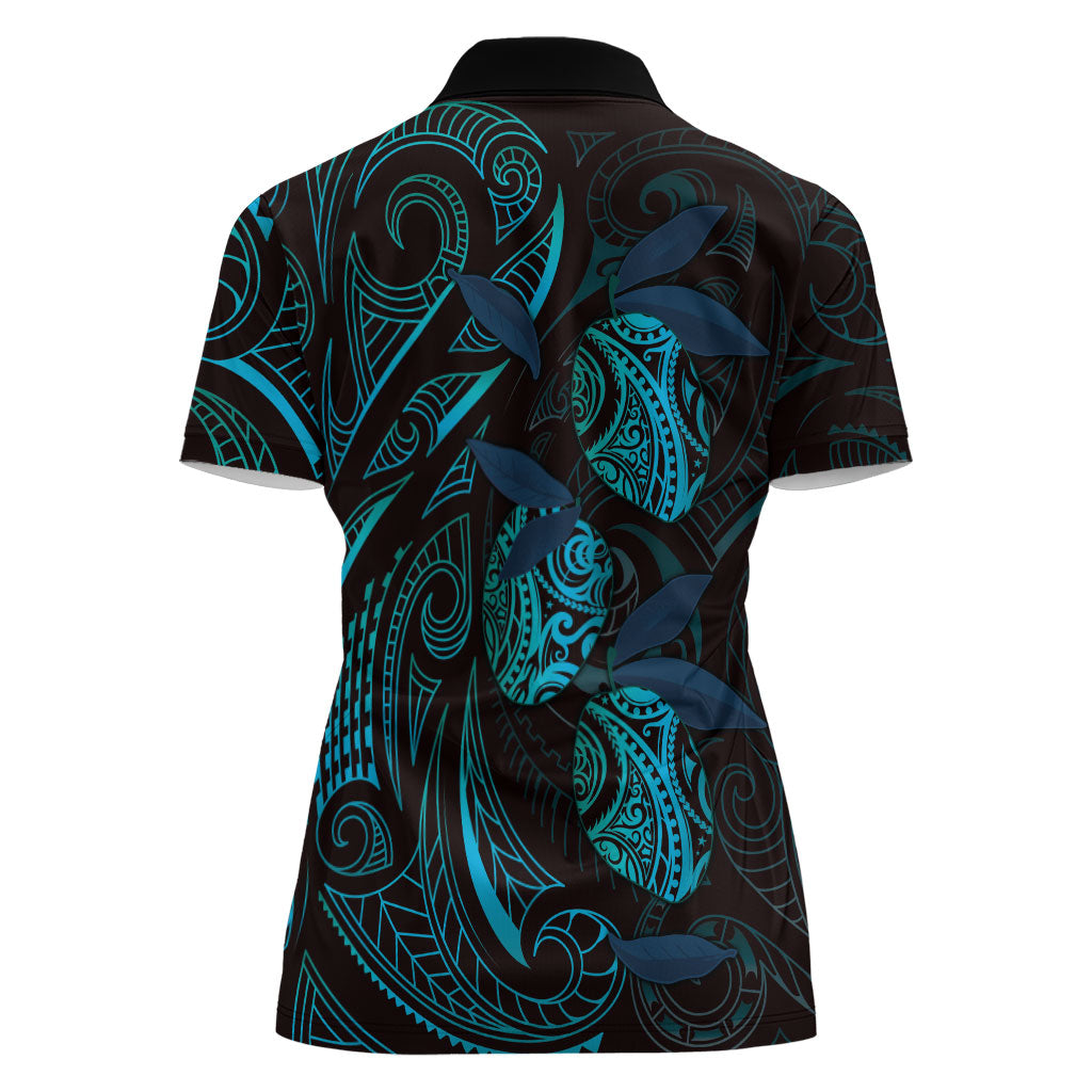 Hawaiian Mango Tribal Tattoo Women Polo Shirt Teal Pacific Traditional Pattern