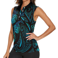 Hawaiian Mango Tribal Tattoo Women Sleeveless Polo Shirt Teal Pacific Traditional Pattern
