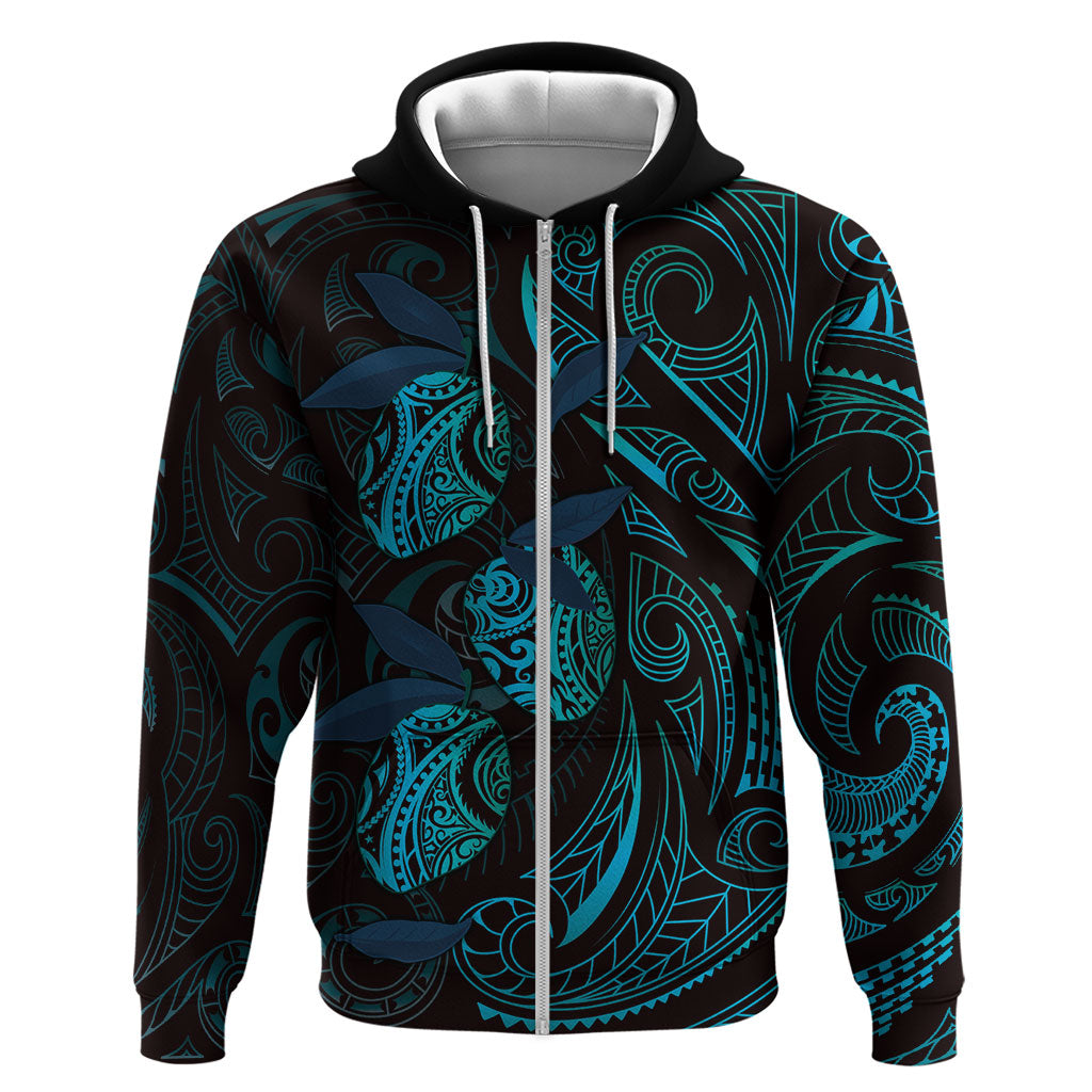Hawaiian Mango Tribal Tattoo Zip Hoodie Teal Pacific Traditional Pattern