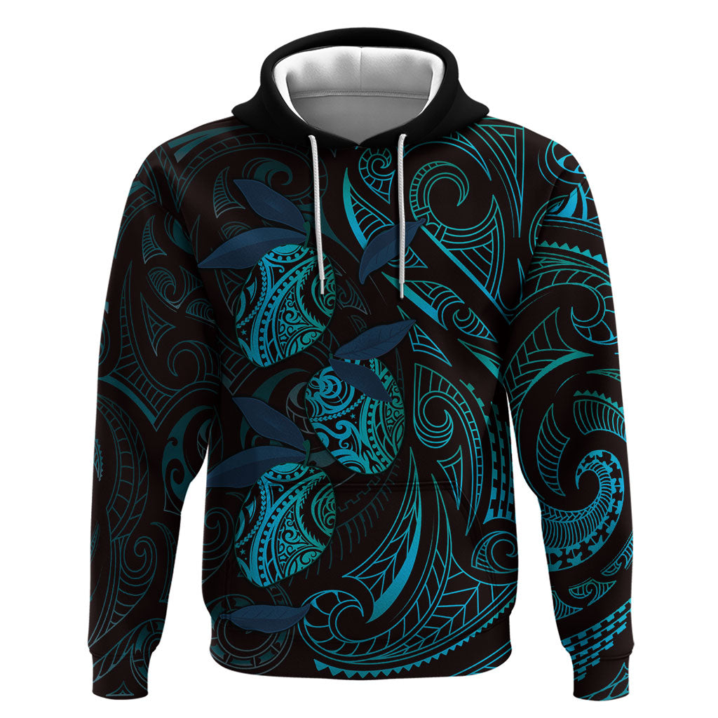 Hawaiian Mango Tribal Tattoo Zip Hoodie Teal Pacific Traditional Pattern