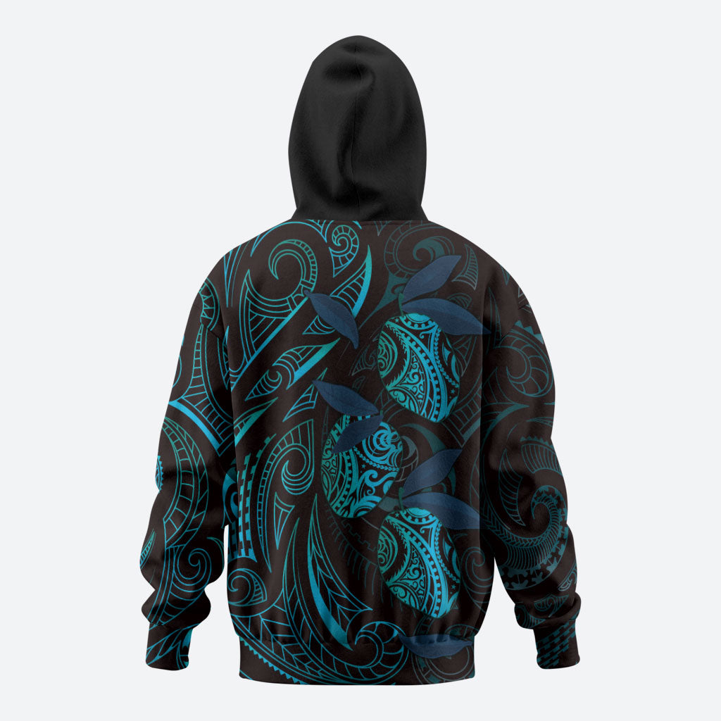 Hawaiian Mango Tribal Tattoo Zip Hoodie Teal Pacific Traditional Pattern