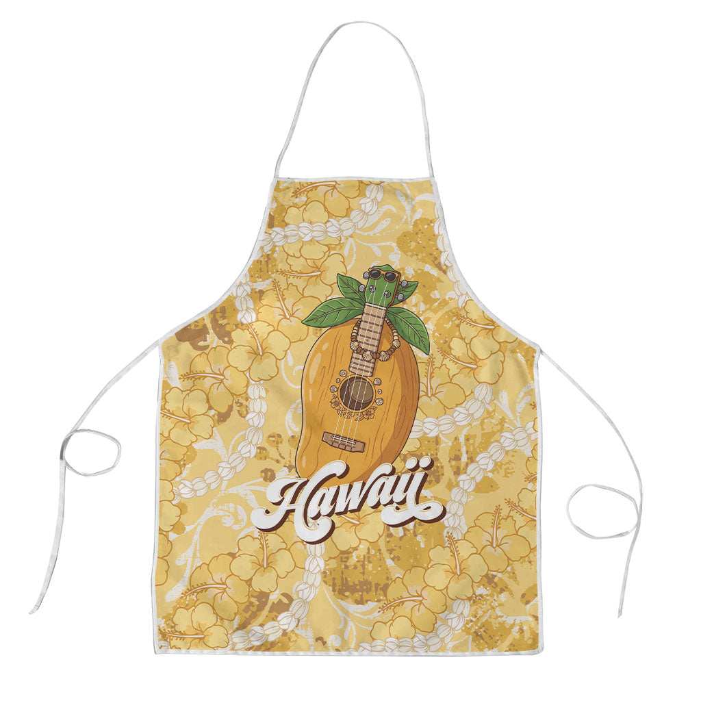 Hawaiian Mango Ukulele Apron Retro Yellow Hibiscus Pikake Lei