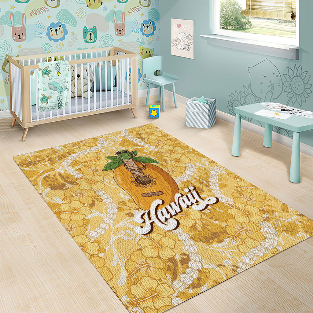 Hawaiian Mango Ukulele Area Rug Retro Yellow Hibiscus Pikake Lei