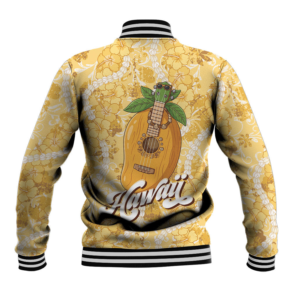 Hawaiian Mango Ukulele Baseball Jacket Retro Yellow Hibiscus Pikake Lei