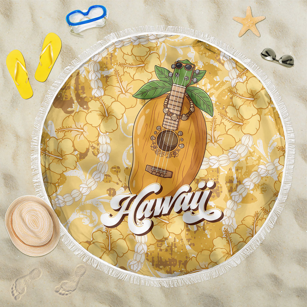 Hawaiian Mango Ukulele Beach Blanket Retro Yellow Hibiscus Pikake Lei